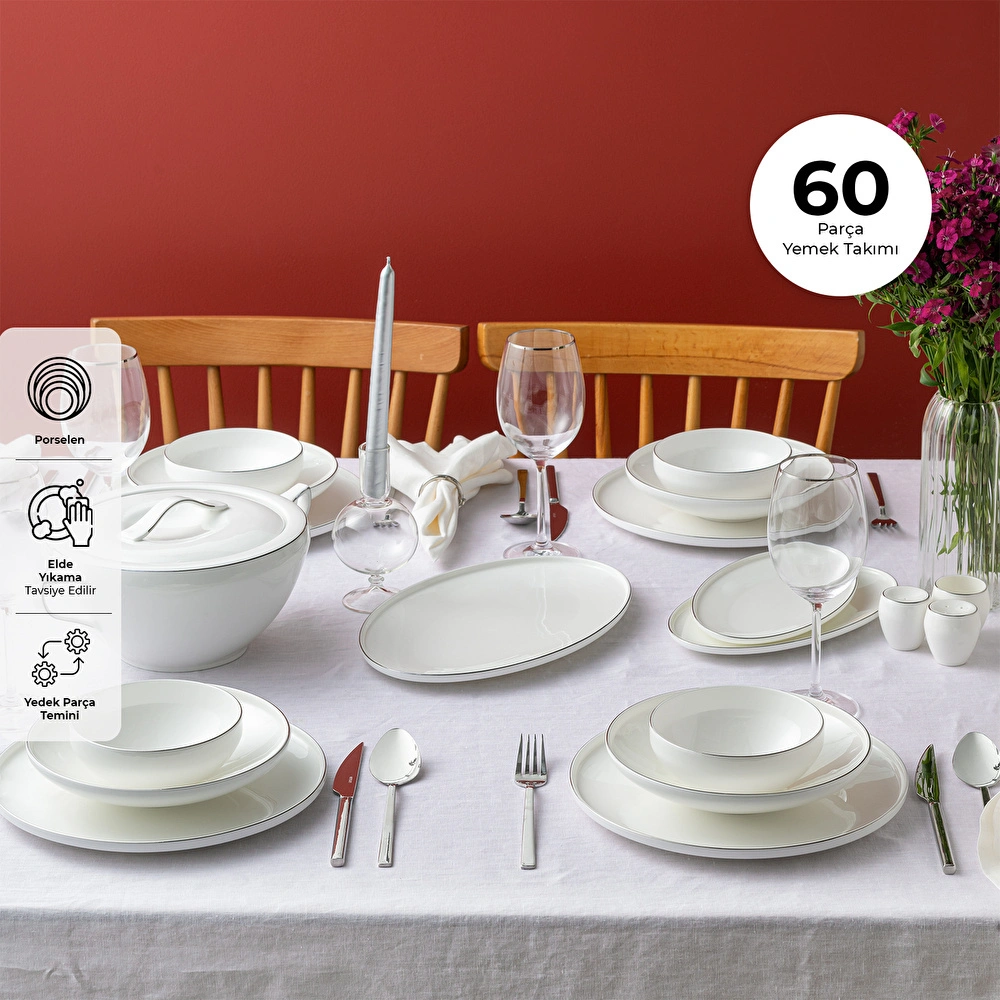 Emsan Fine Bone Freya 60 Parça 12 Kişilik Yuvarlak Yemek Takımı Platin