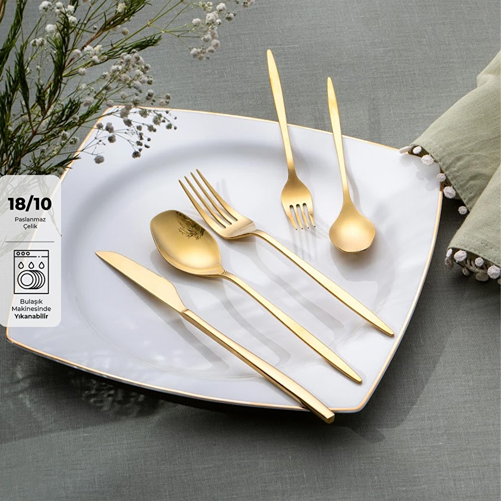 Emsan Alisa 30 Parça 6 Kişilik Parlak Gold Kutulu Çatal Kaşık Bıçak Takımı