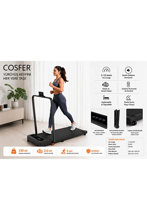 Cosfer Güçlü 2 Hp Yürüyüş Ve Koşu Bandı Katlanabilen 130 Kilo Taşıma Kapasiteli 1-12 Km Hız Kumandalı