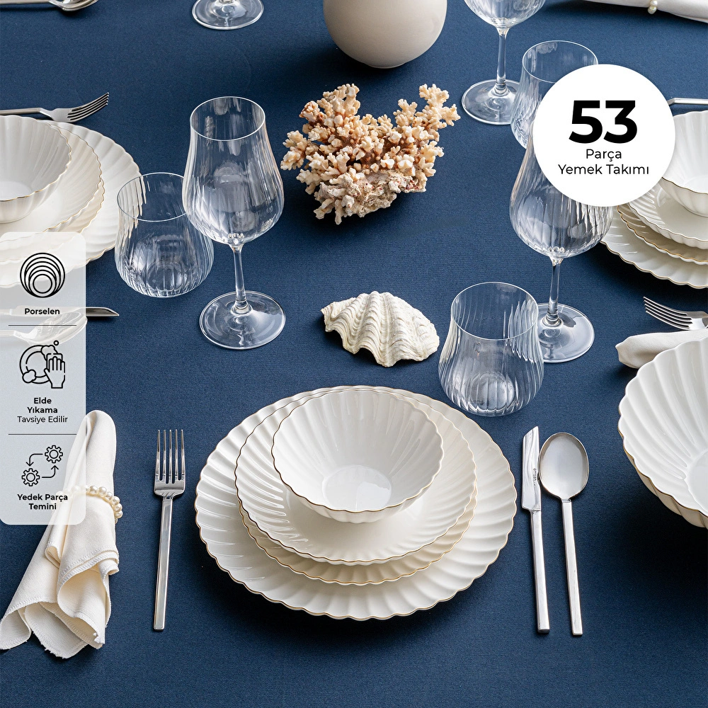 Emsan Perla Fine Bone 53 Parça 12 Kişilik Yemek Takımı Gold Beyaz